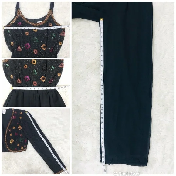 VINTAGE 80s Glam Beaded Sequin Silk Wide Leg Jumpsuit Bolero Jacket Black Size 6